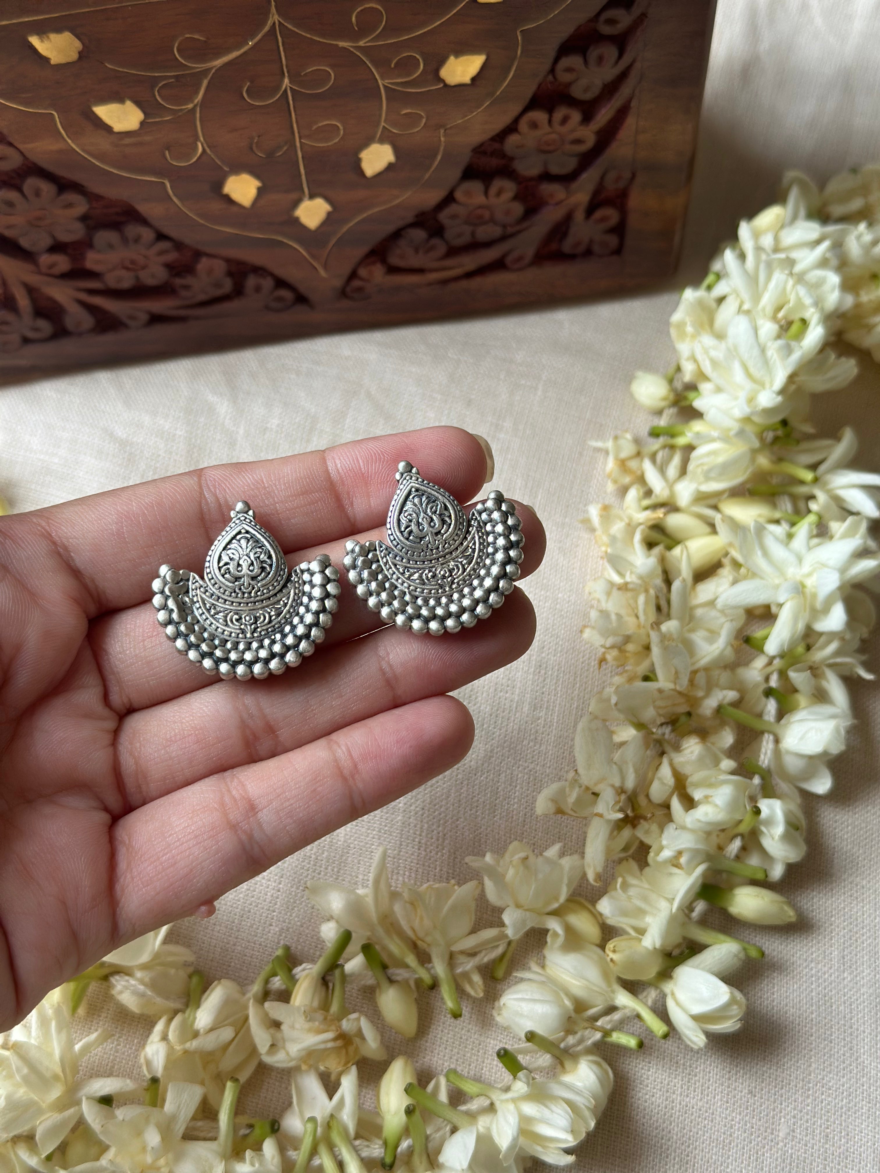 Half-Moon Dome Silver Oxidised Earrings